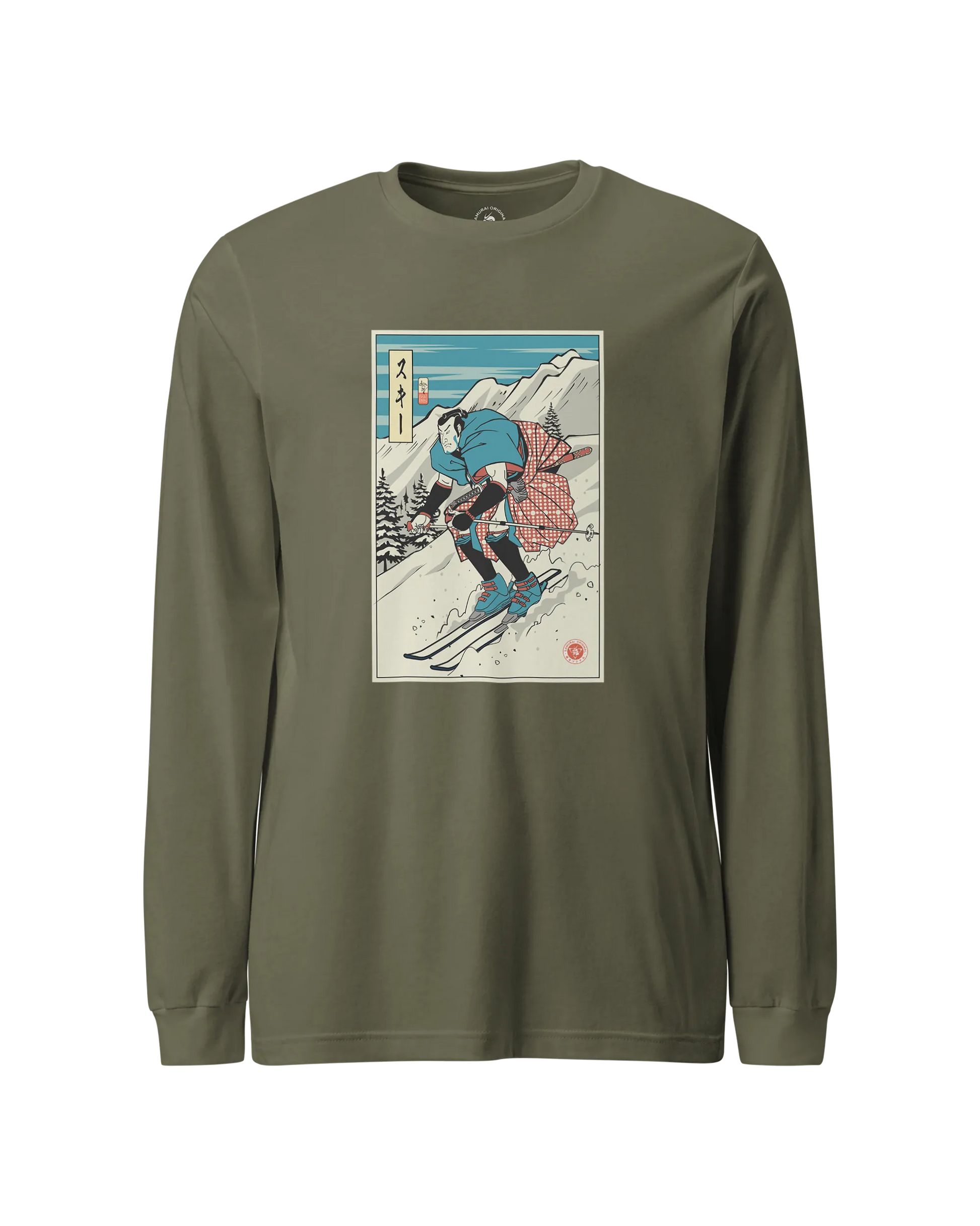 Samurai Ski Winter Sport Ukiyo-e Unisex Long Sleeve Tee Military Green - Samurai Original