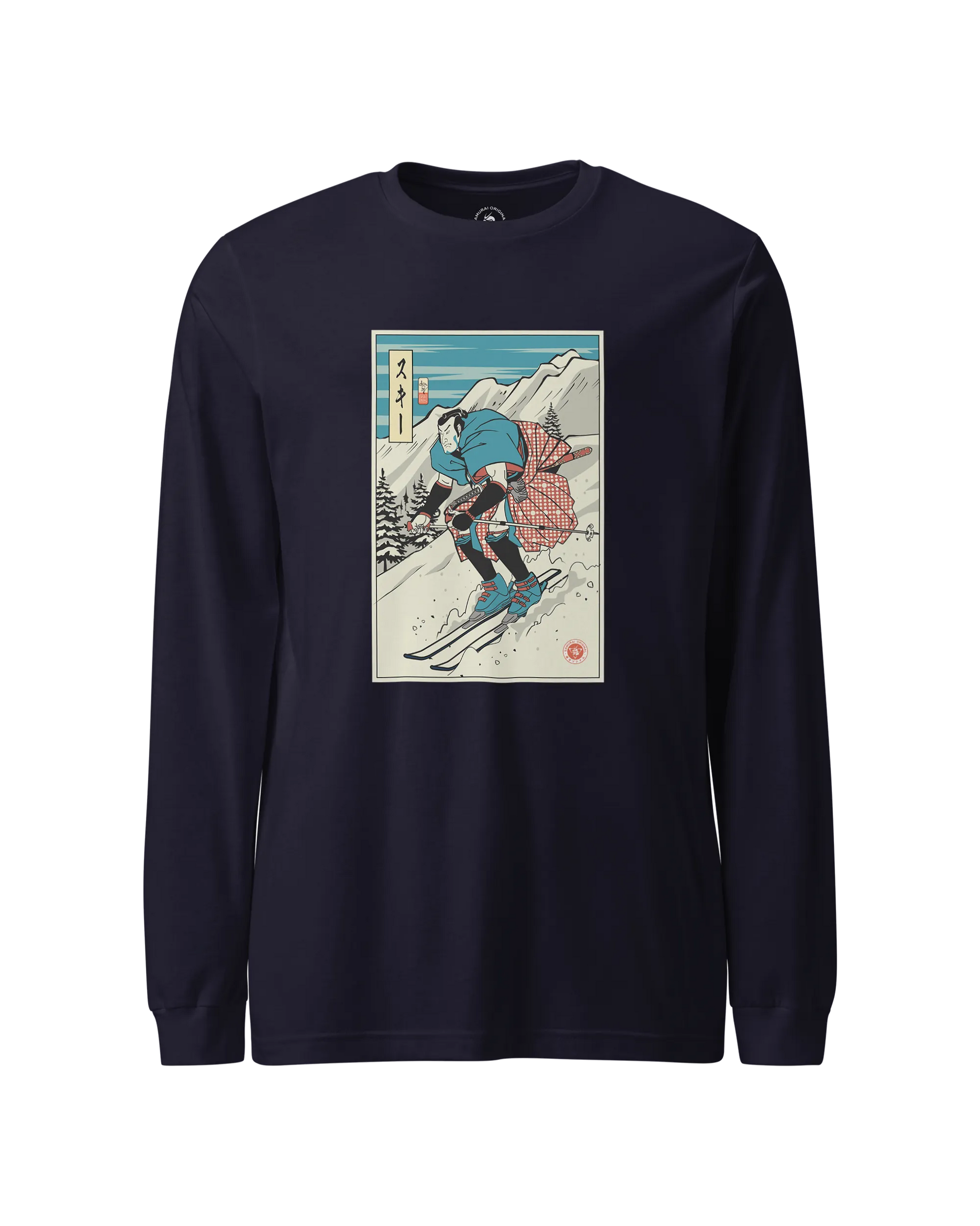 Samurai Ski Winter Sport Ukiyo-e Unisex Long Sleeve Tee Navy - Samurai Original