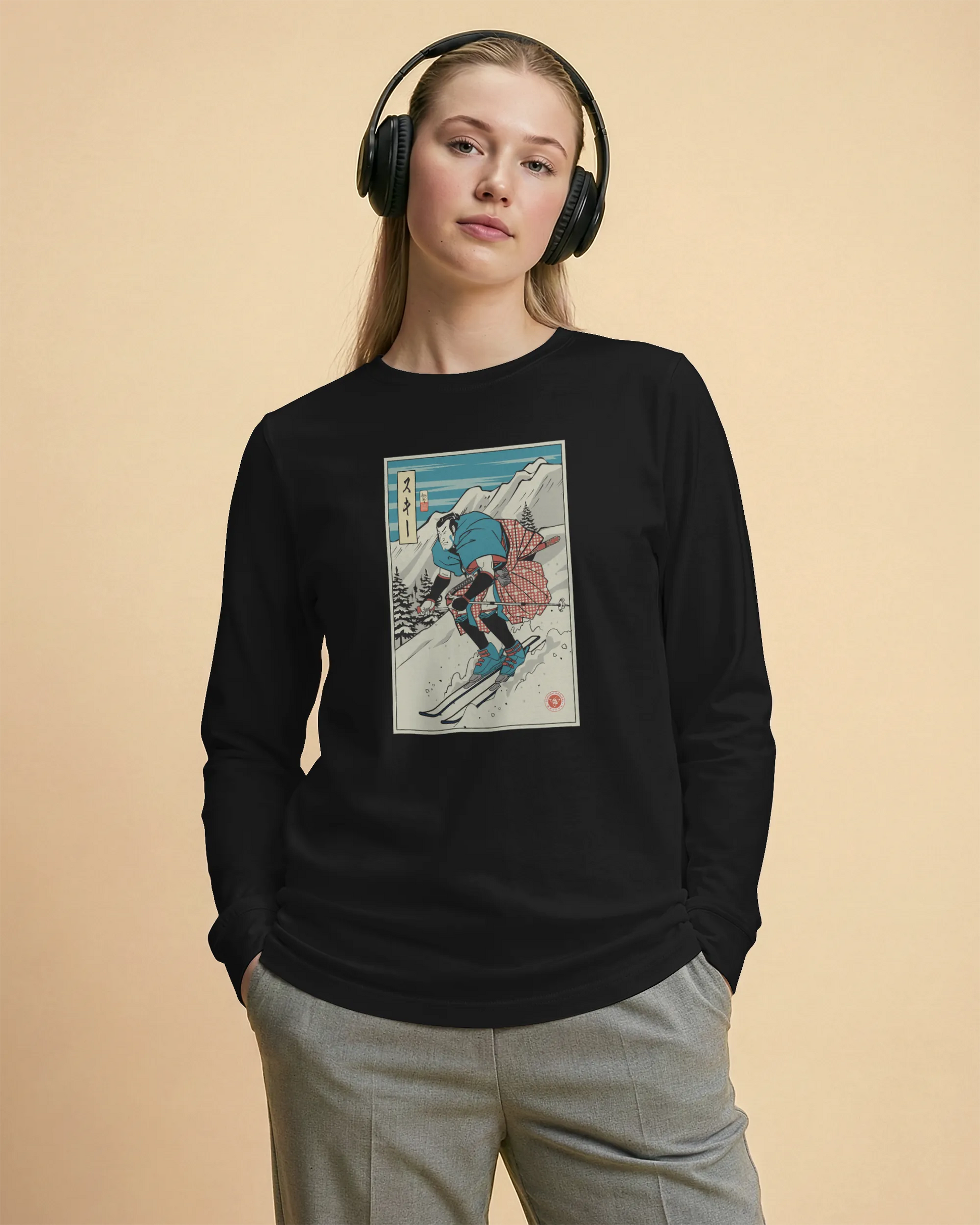 Samurai Ski Winter Sport Ukiyo-e Unisex Long Sleeve Tee - Samurai Original