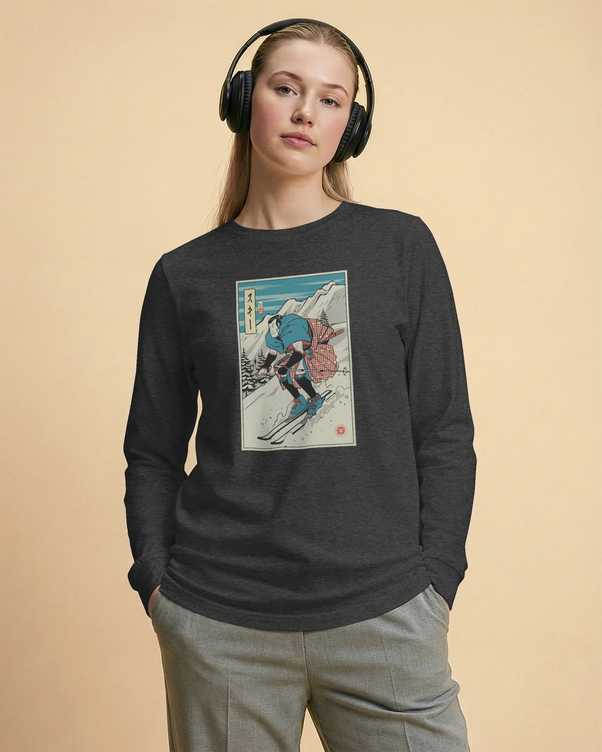 Samurai Ski Winter Sport Ukiyo-e Unisex Long Sleeve Tee - Samurai Original
