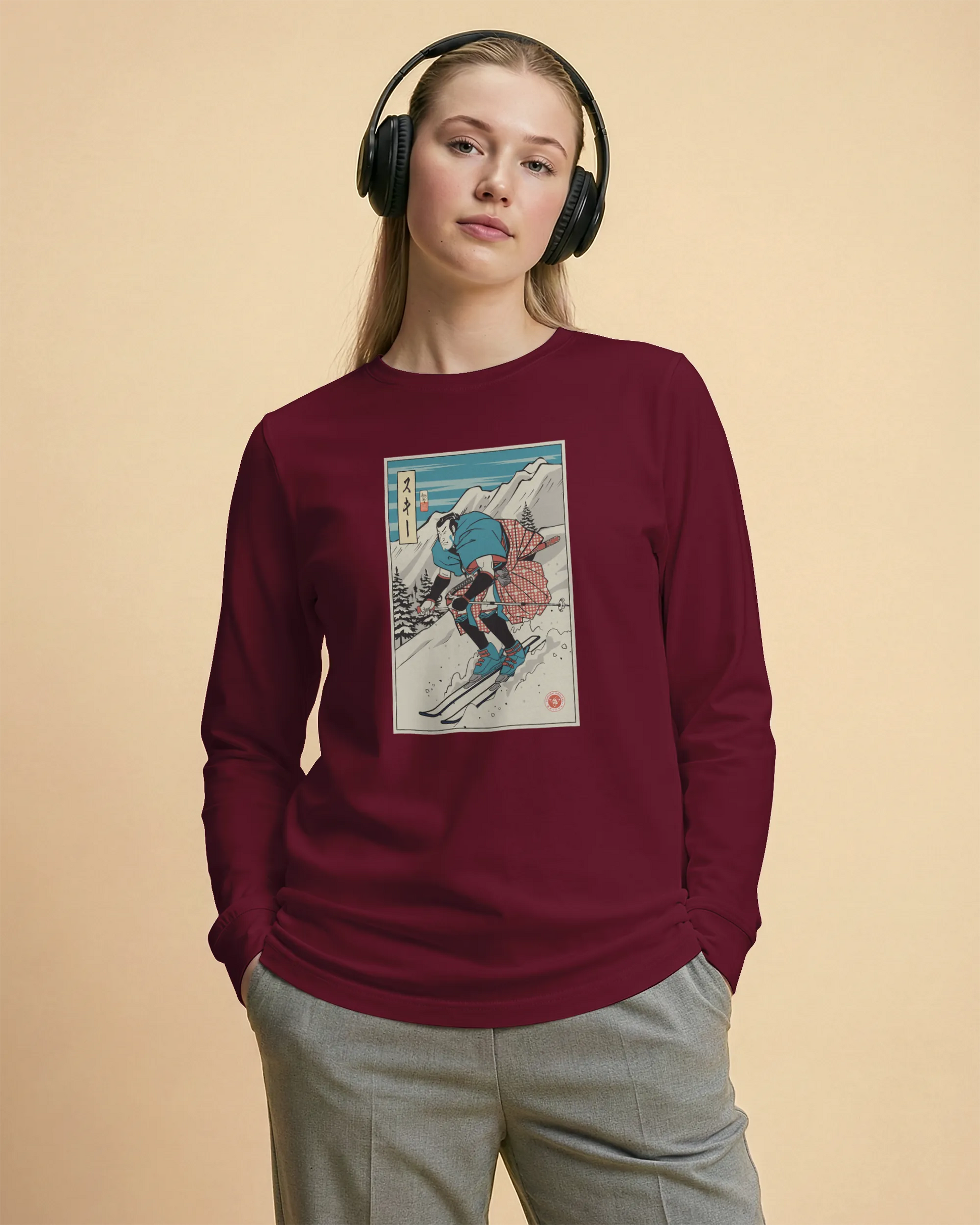 Samurai Ski Winter Sport Ukiyo-e Unisex Long Sleeve Tee - Samurai Original