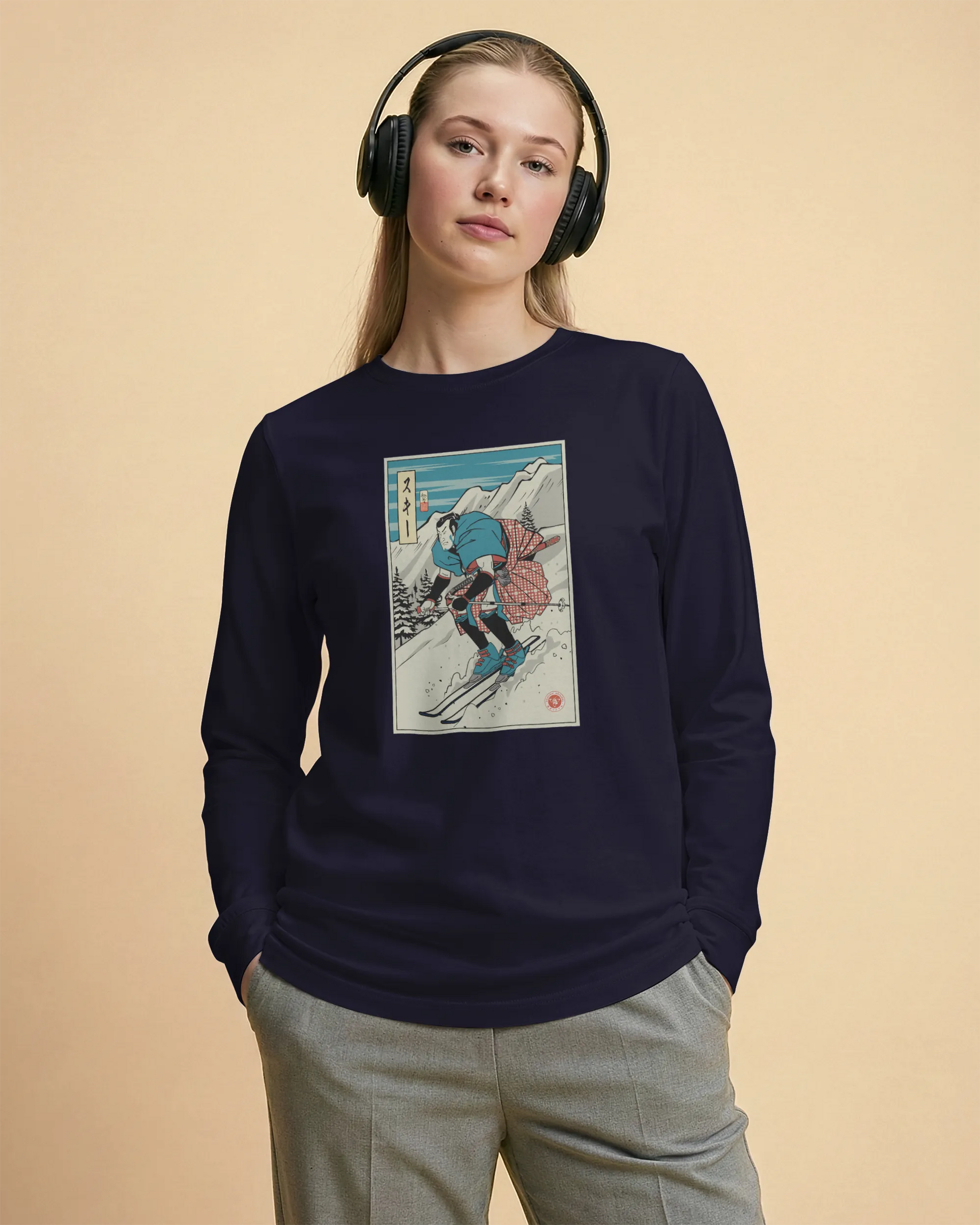 Samurai Ski Winter Sport Ukiyo-e Unisex Long Sleeve Tee - Samurai Original