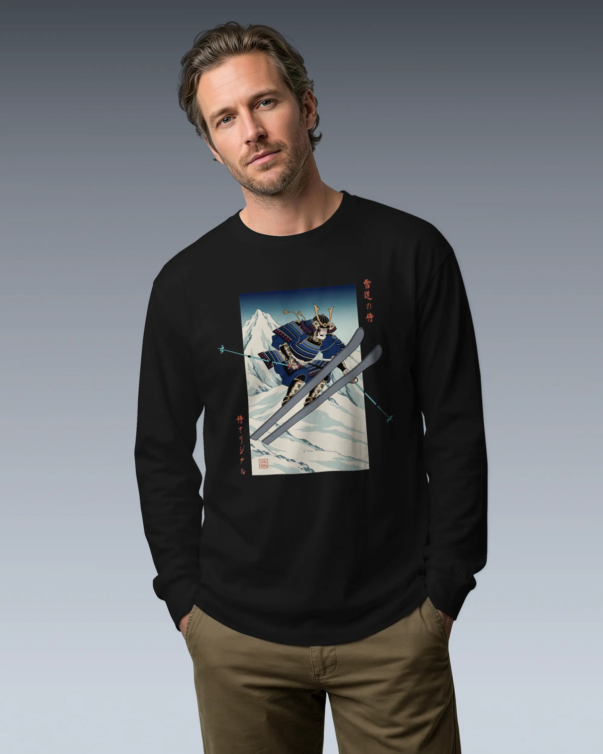 Skiing Samurai Ukiyo-e Unisex Long Sleeve Tee - Samurai Original