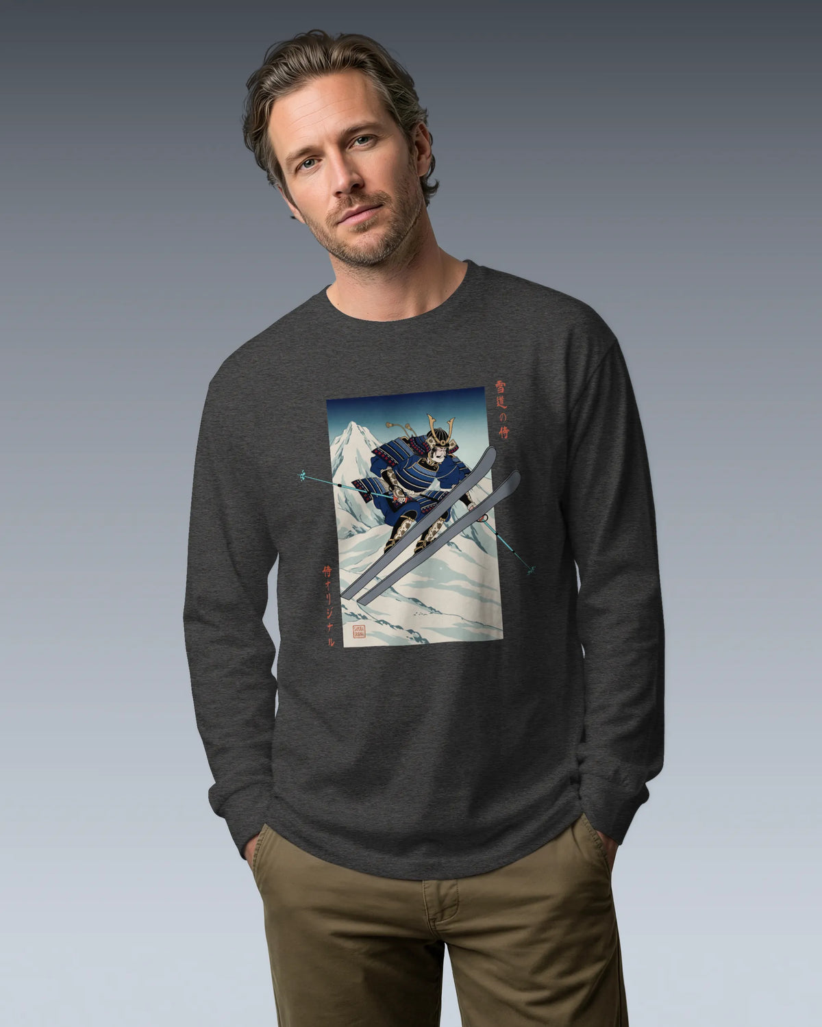 Skiing Samurai Ukiyo-e Unisex Long Sleeve Tee - Samurai Original