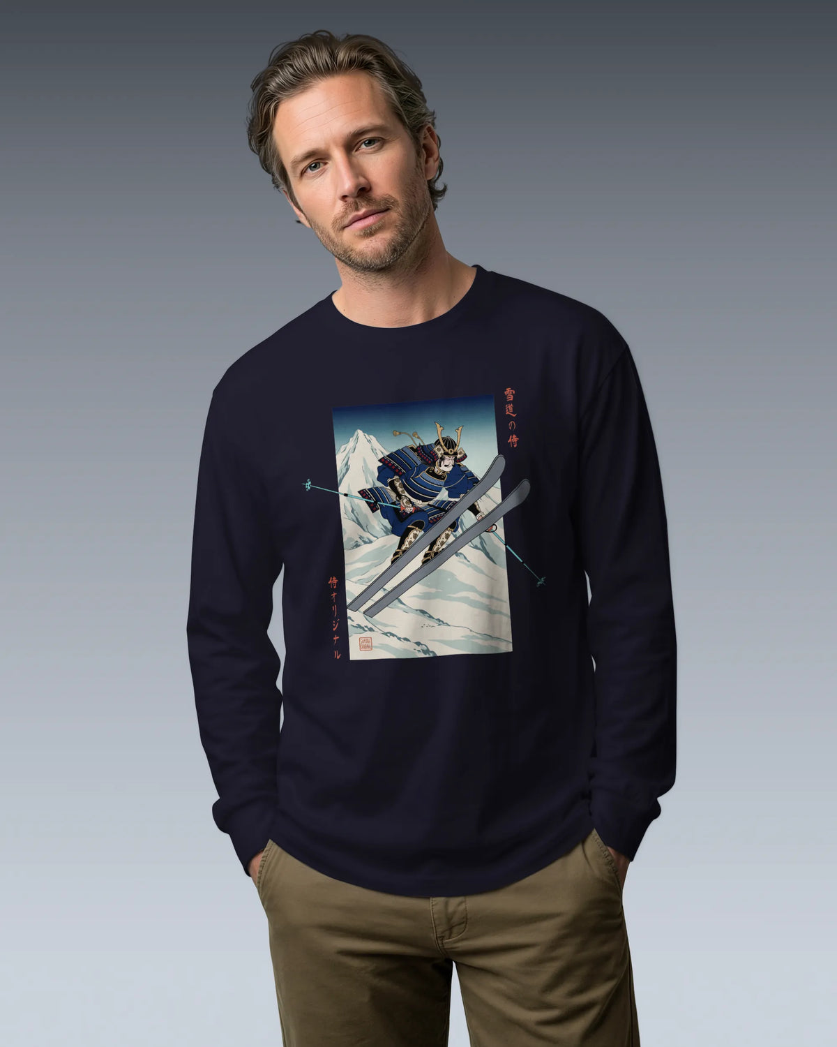 Skiing Samurai Ukiyo-e Unisex Long Sleeve Tee - Samurai Original