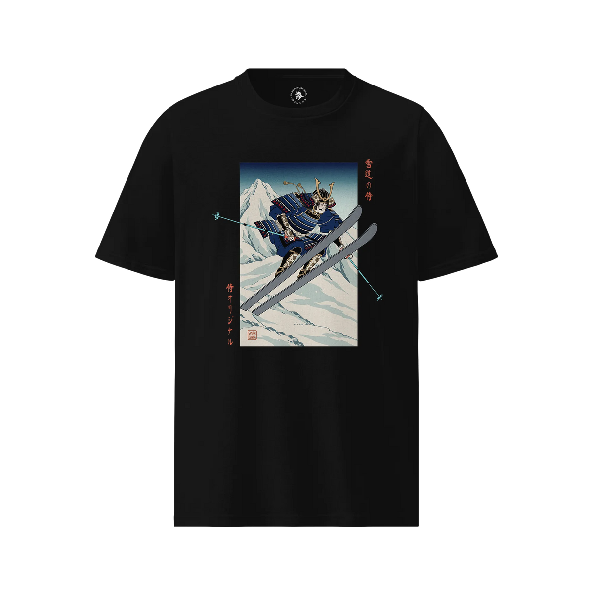 Skiing Samurai Ukiyo-e Organic T-shirt Black - Samurai Original