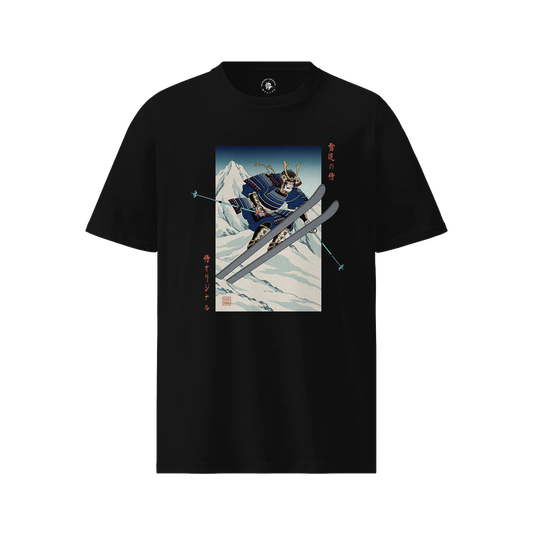 Skiing Samurai Ukiyo-e Organic T-shirt Black - Samurai Original