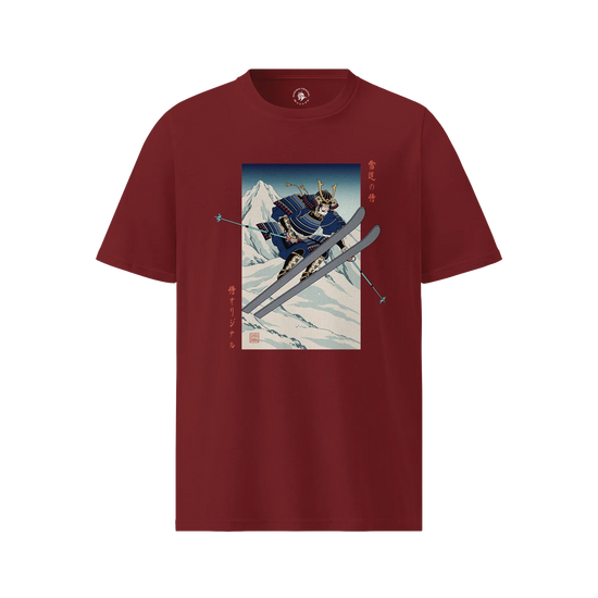 Skiing Samurai Ukiyo-e Organic T-shirt Burgundy - Samurai Original