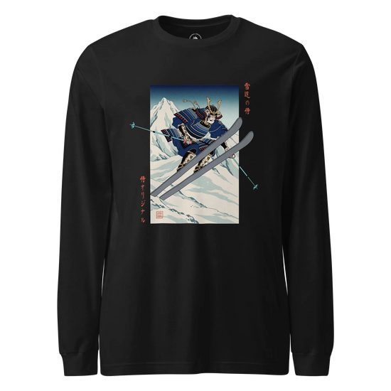 Skiing Samurai Ukiyo-e Unisex Long Sleeve Tee Black - Samurai Original