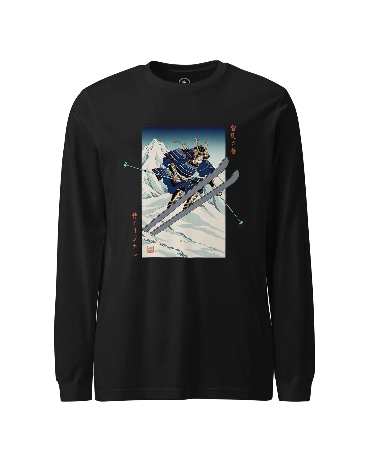 Skiing Samurai Ukiyo-e Unisex Long Sleeve Tee Black - Samurai Original