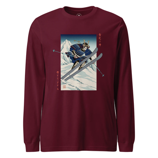 Skiing Samurai Ukiyo-e Unisex Long Sleeve Tee Maroon - Samurai Original