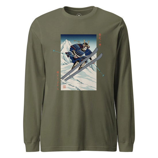 Skiing Samurai Ukiyo-e Unisex Long Sleeve Tee Military Green - Samurai Original