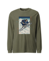 Skiing Samurai Ukiyo-e Unisex Long Sleeve Tee Military Green - Samurai Original