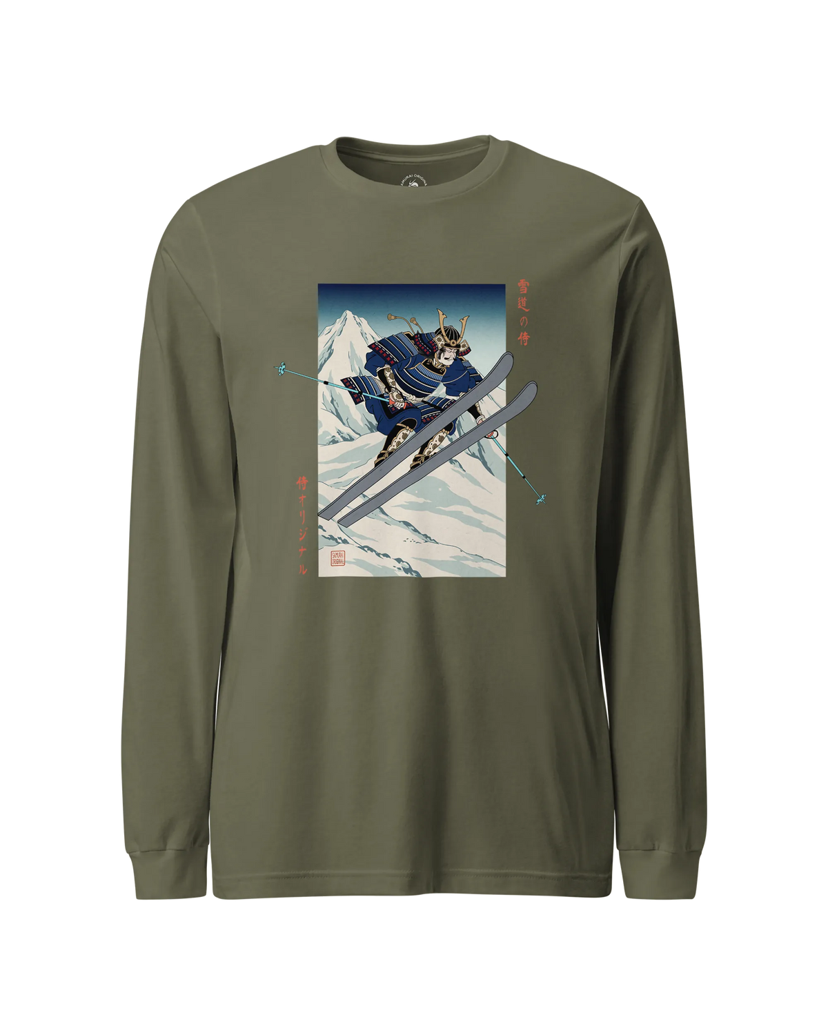 Skiing Samurai Ukiyo-e Unisex Long Sleeve Tee Military Green - Samurai Original