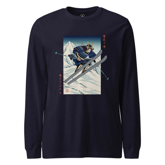 Skiing Samurai Ukiyo-e Unisex Long Sleeve Tee Navy - Samurai Original