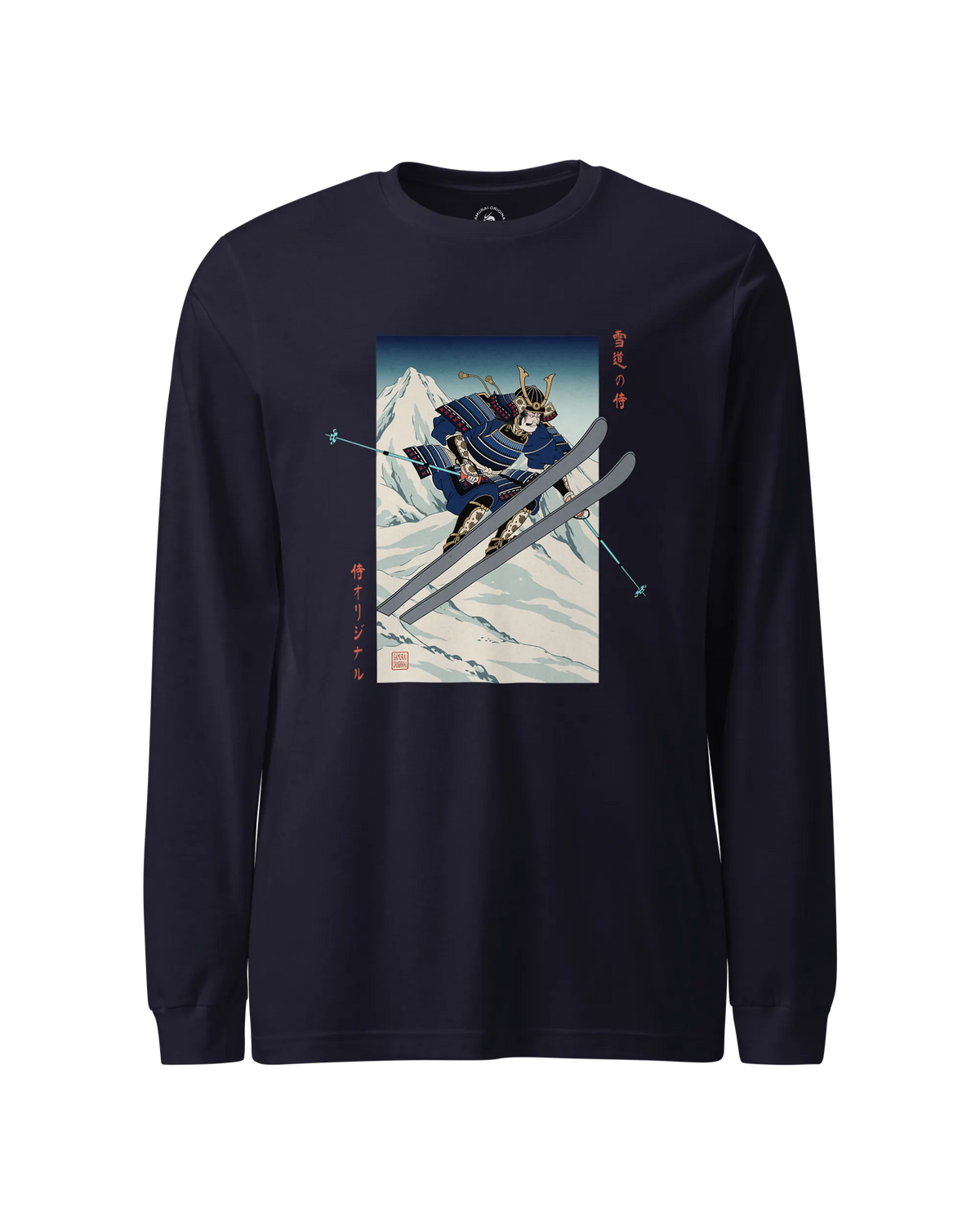 Skiing Samurai Ukiyo-e Unisex Long Sleeve Tee Navy - Samurai Original