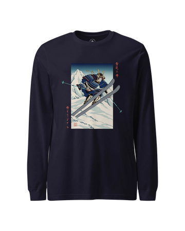 Skiing Samurai Ukiyo-e Unisex Long Sleeve Tee Navy - Samurai Original