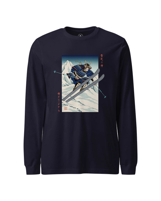 Skiing Samurai Ukiyo-e Unisex Long Sleeve Tee Navy - Samurai Original