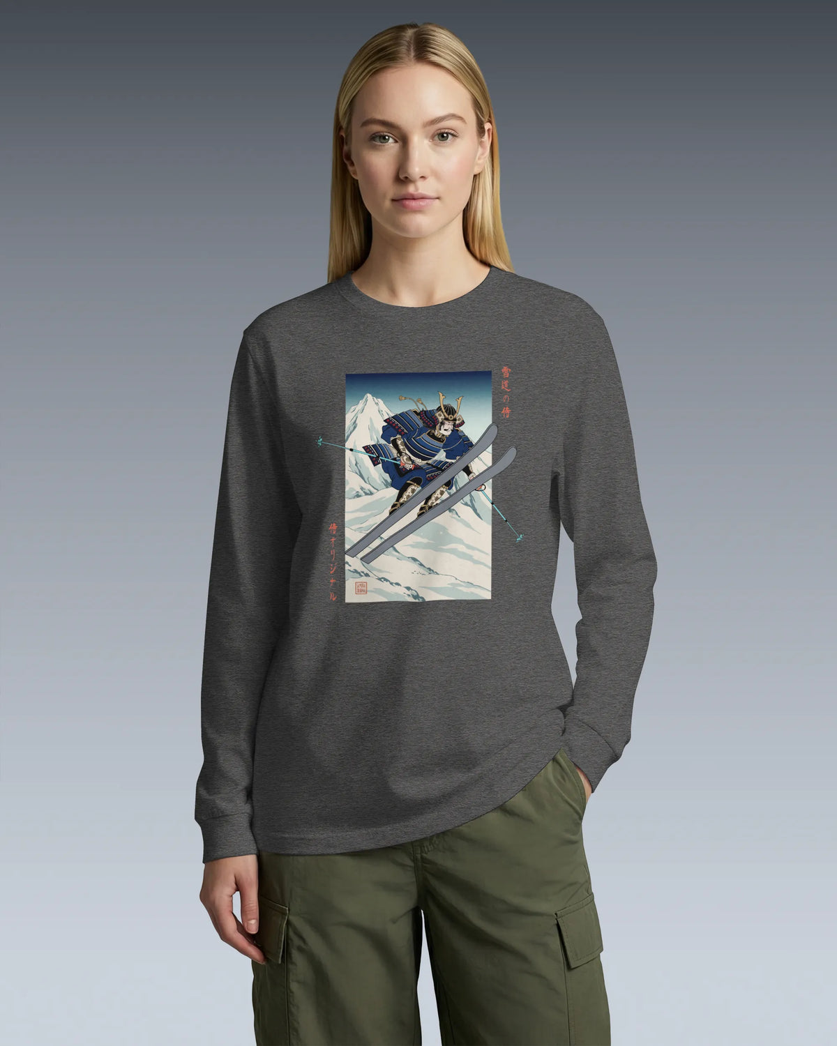 Skiing Samurai Ukiyo-e Unisex Long Sleeve Tee - Samurai Original
