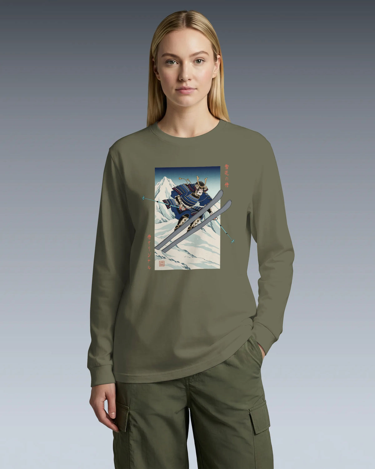 Skiing Samurai Ukiyo-e Unisex Long Sleeve Tee - Samurai Original