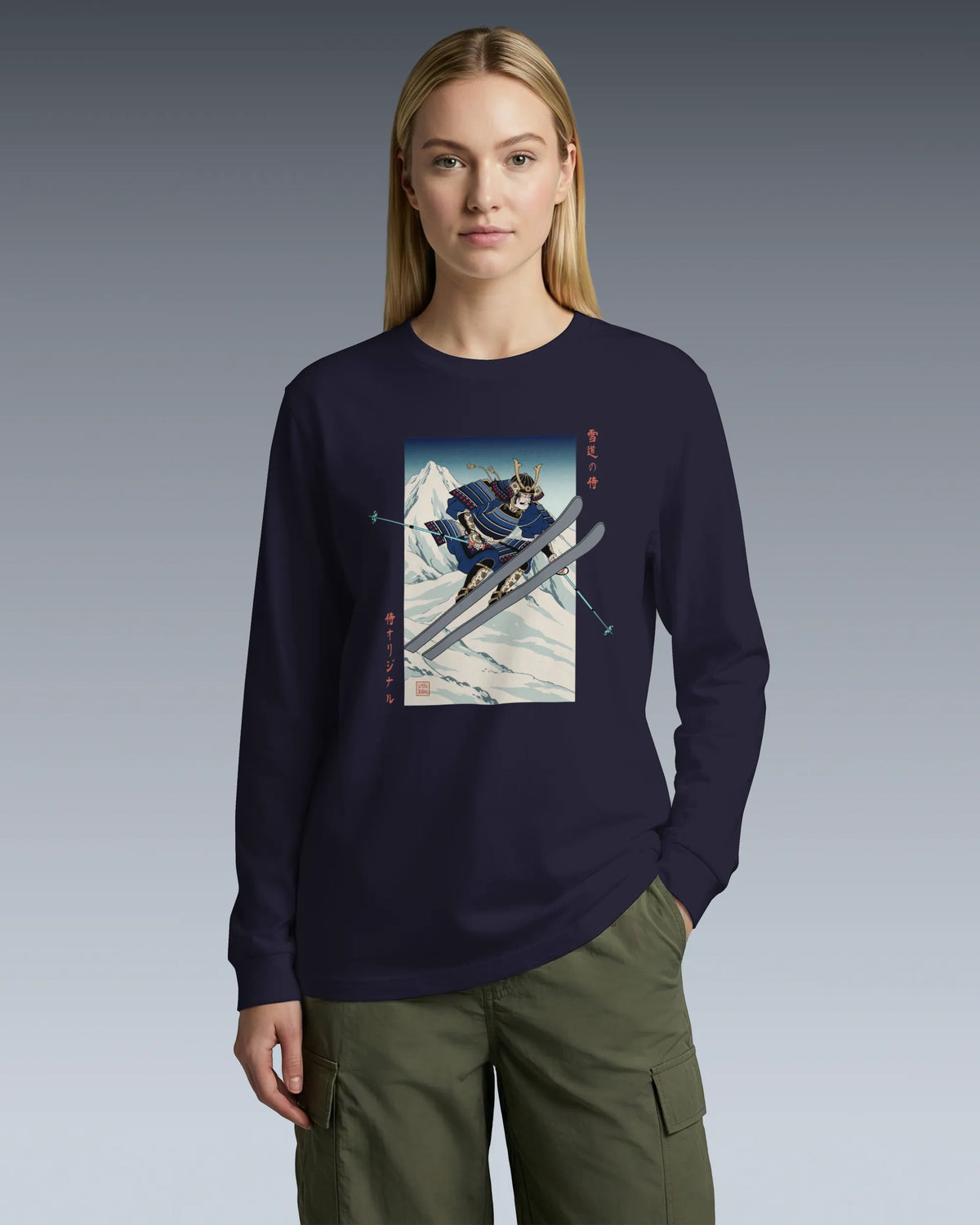Skiing Samurai Ukiyo-e Unisex Long Sleeve Tee - Samurai Original