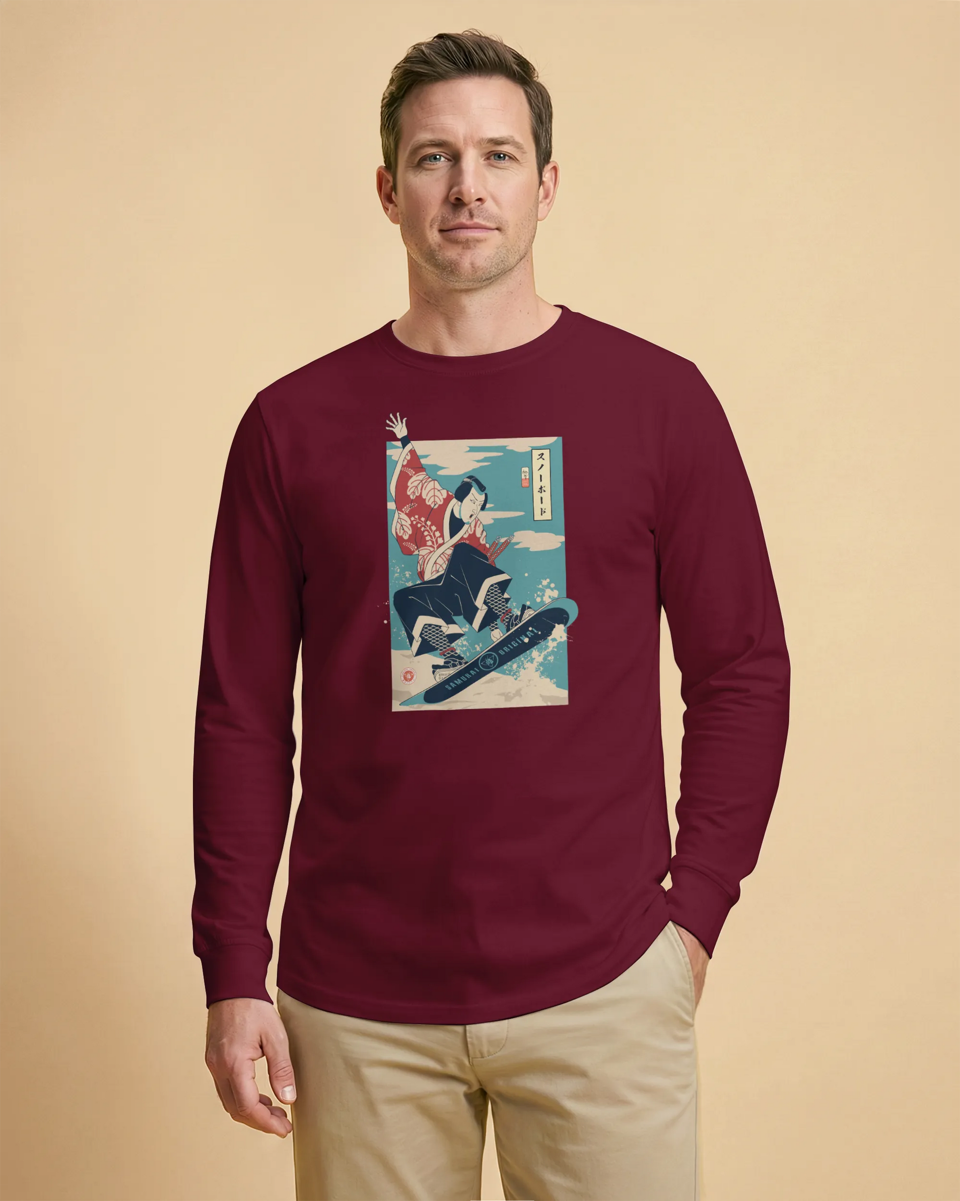 Samurai Snowboard Winter Sport Ukiyo-e Unisex Long Sleeve Tee - Samurai Original