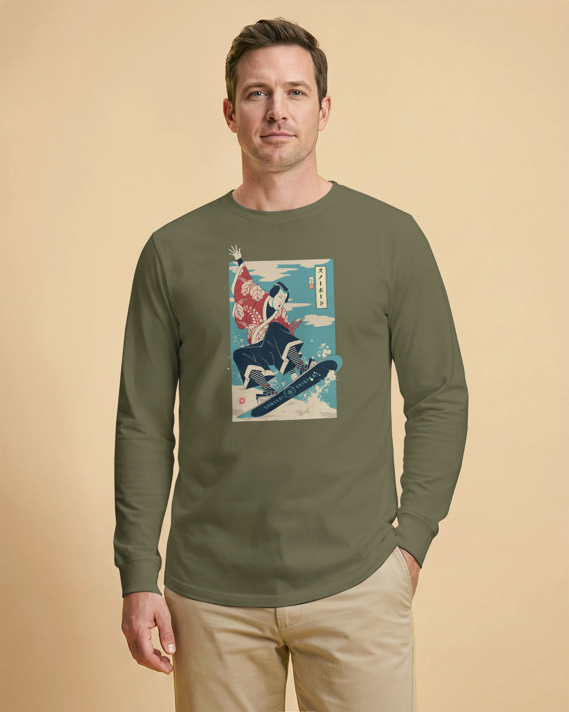 Samurai Snowboard Winter Sport Ukiyo-e Unisex Long Sleeve Tee - Samurai Original