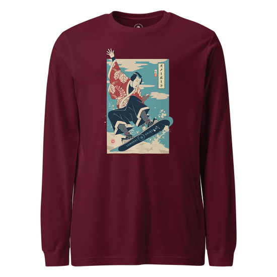 Samurai Snowboard Winter Sport Ukiyo-e Unisex Long Sleeve Tee Maroon - Samurai Original