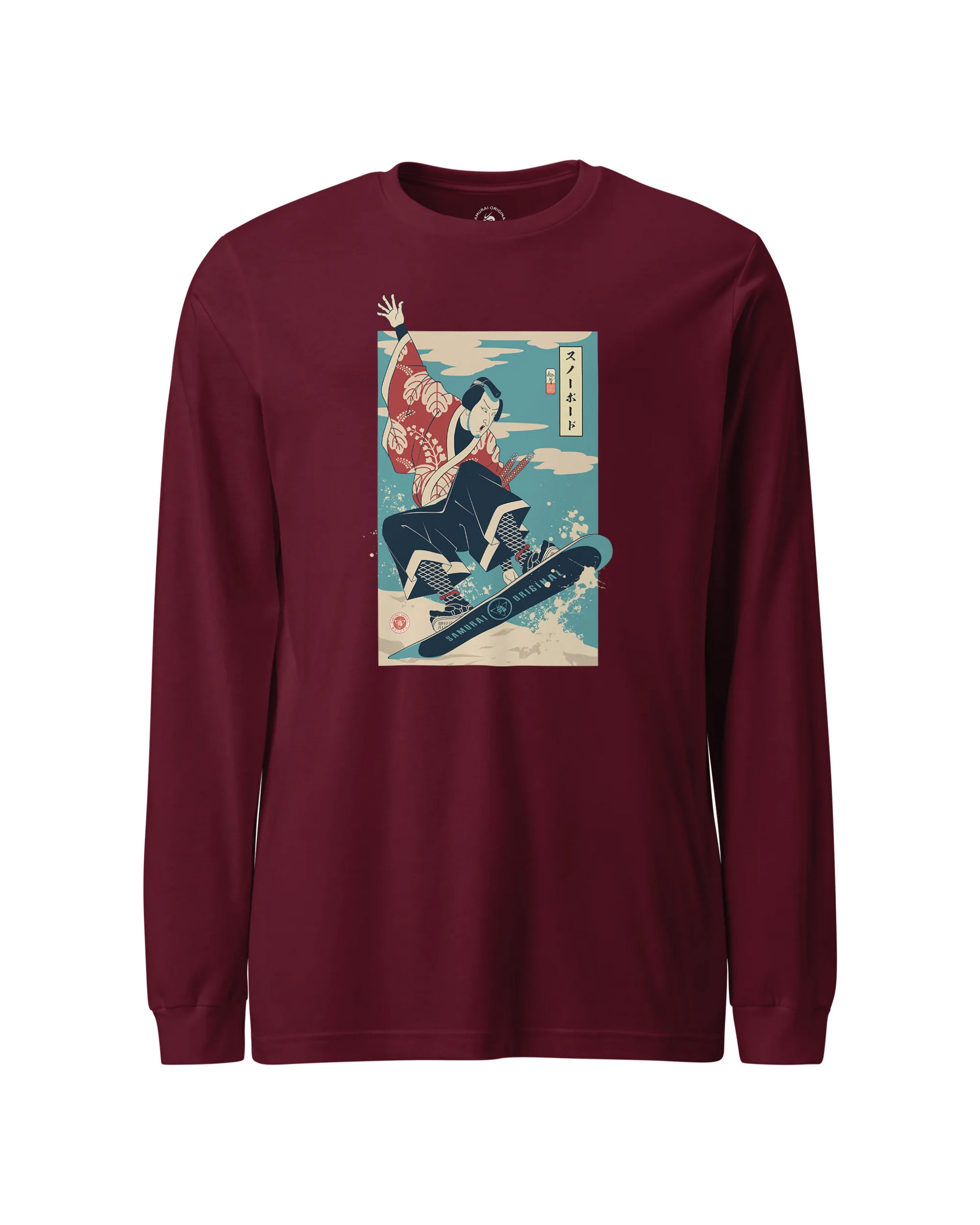 Samurai Snowboard Winter Sport Ukiyo-e Unisex Long Sleeve Tee Maroon - Samurai Original