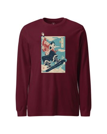 Samurai Snowboard Winter Sport Ukiyo-e Unisex Long Sleeve Tee Maroon - Samurai Original
