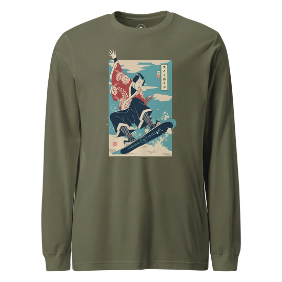 Samurai Snowboard Winter Sport Ukiyo-e Unisex Long Sleeve Tee Military Green - Samurai Original