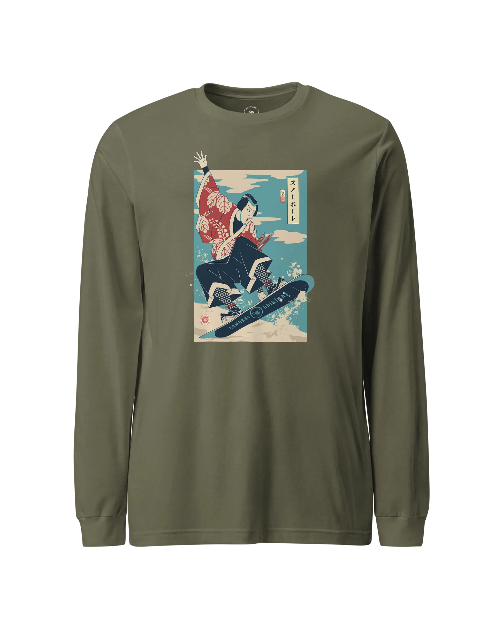 Samurai Snowboard Winter Sport Ukiyo-e Unisex Long Sleeve Tee Military Green - Samurai Original