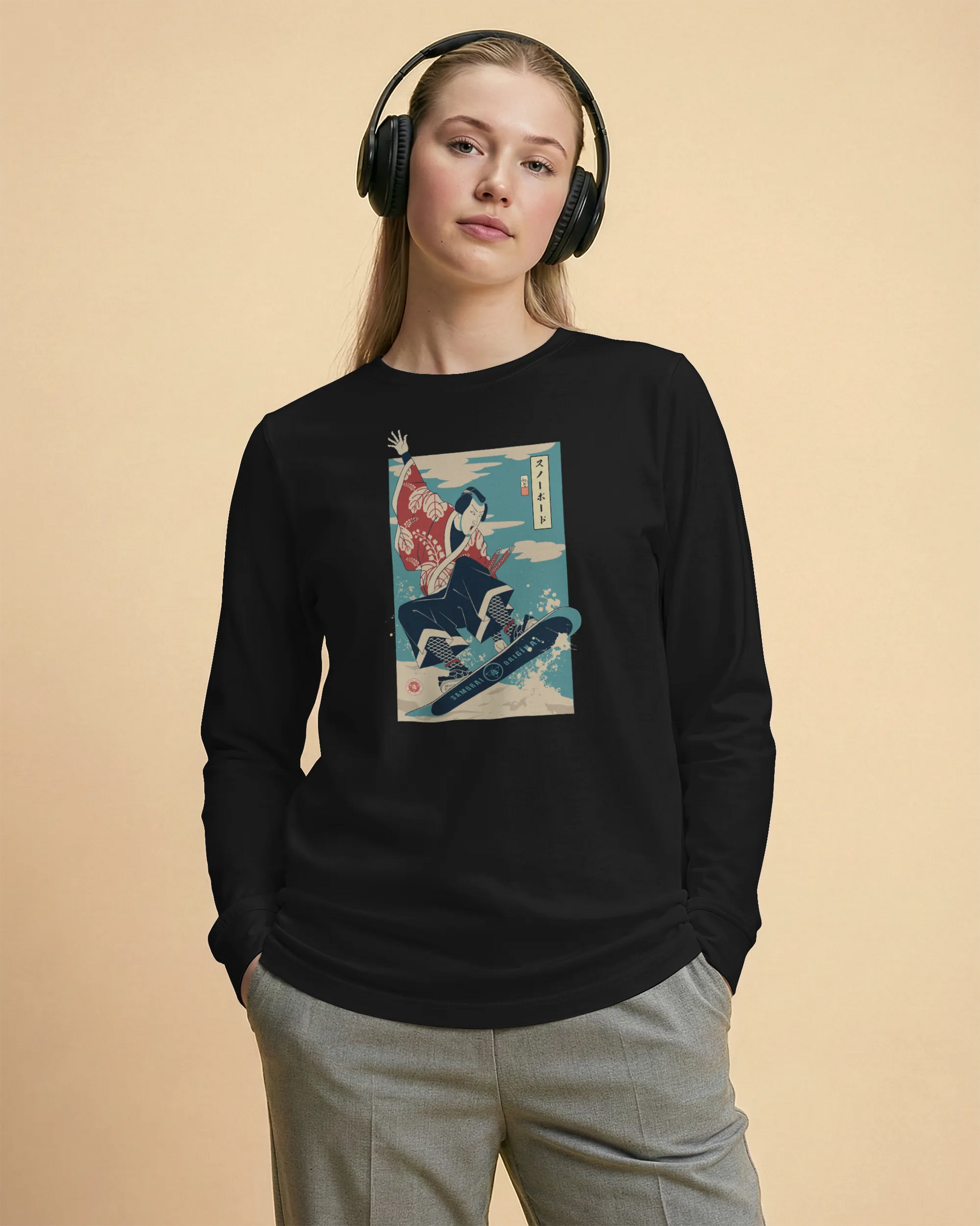 Samurai Snowboard Winter Sport Ukiyo-e Unisex Long Sleeve Tee - Samurai Original