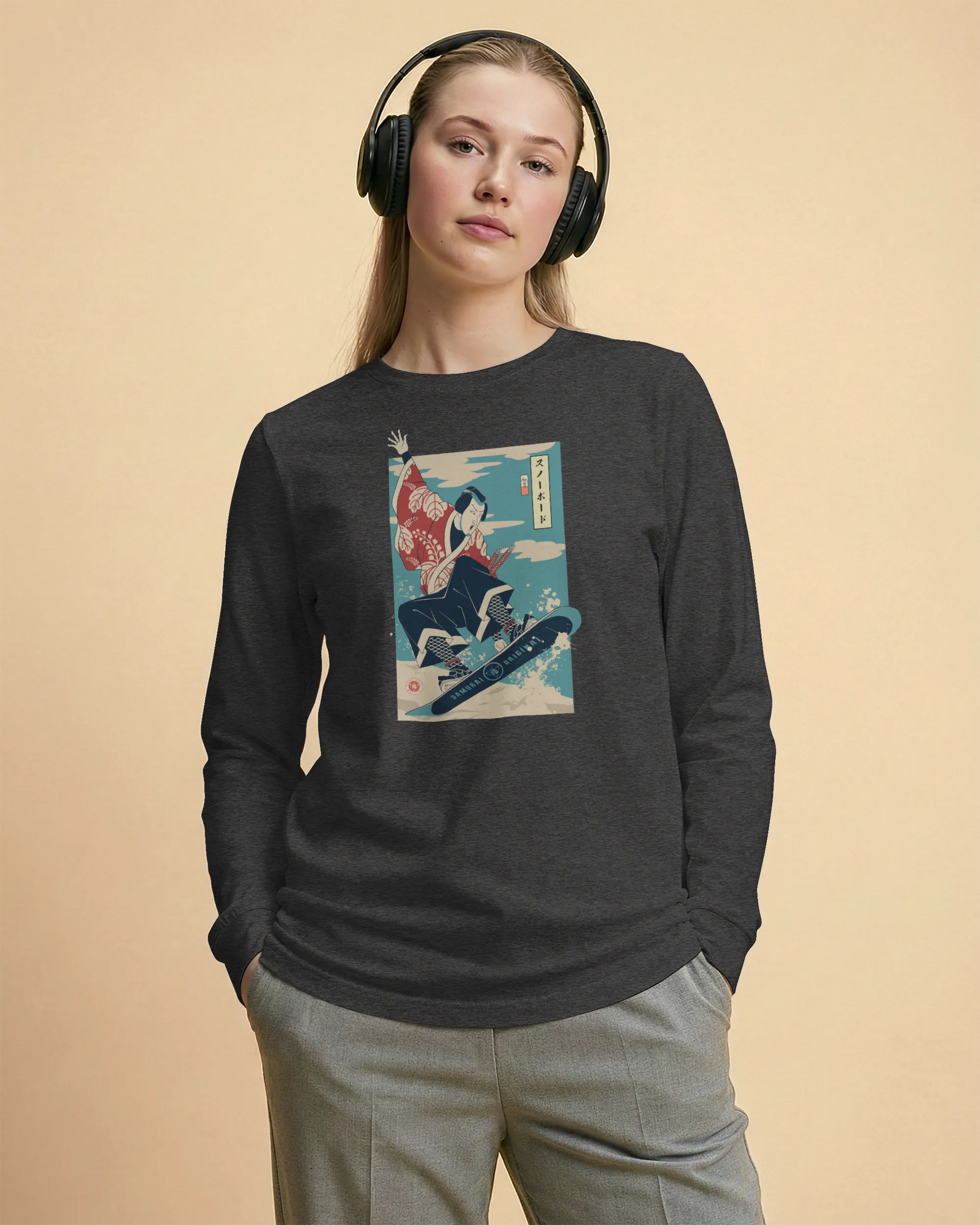 Samurai Snowboard Winter Sport Ukiyo-e Unisex Long Sleeve Tee - Samurai Original