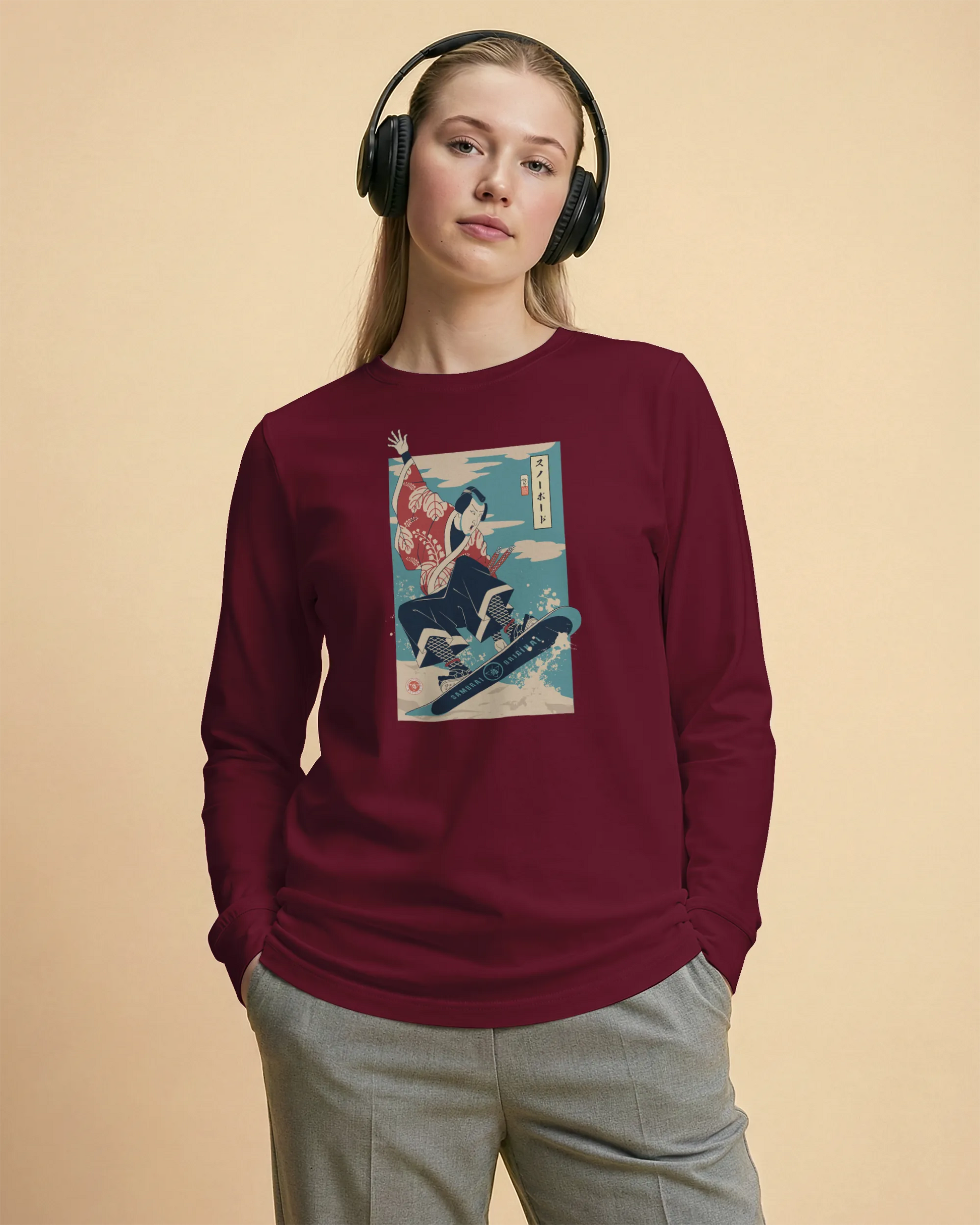 Samurai Snowboard Winter Sport Ukiyo-e Unisex Long Sleeve Tee - Samurai Original