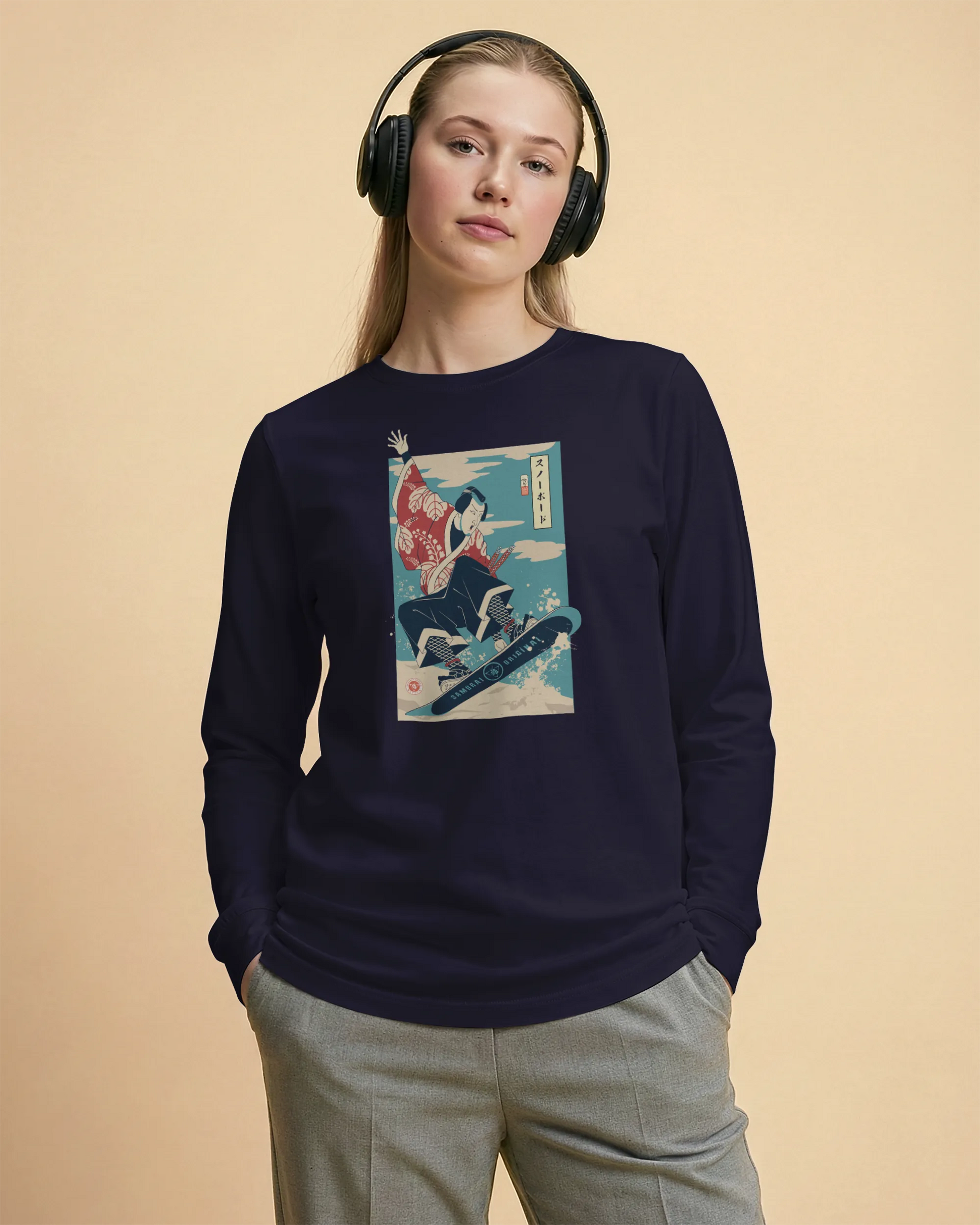 Samurai Snowboard Winter Sport Ukiyo-e Unisex Long Sleeve Tee - Samurai Original