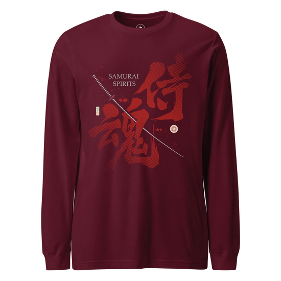 Samurai Spirits Kanji Calligraphy Unisex Long Sleeve Tee Maroon - Samurai Original