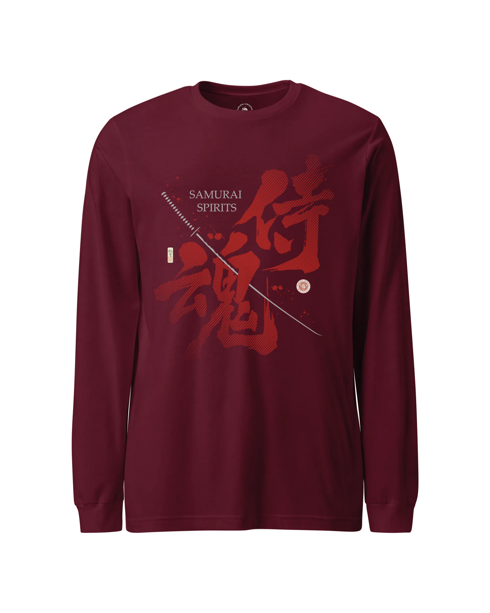 Samurai Spirits Kanji Calligraphy Unisex Long Sleeve Tee Maroon - Samurai Original
