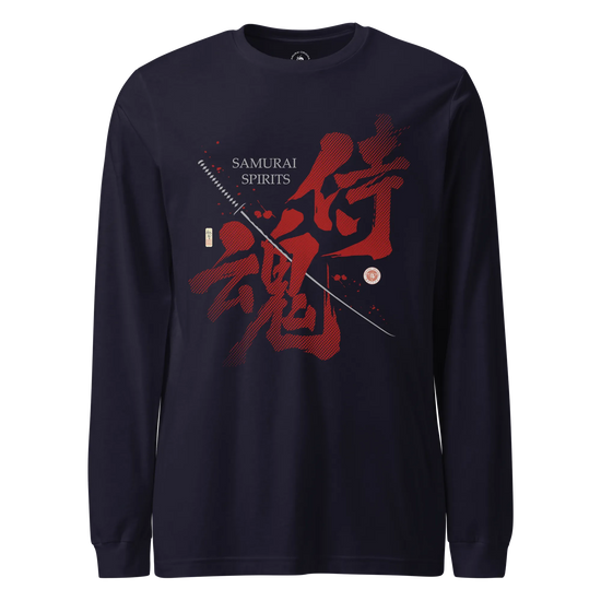 Samurai Spirits Kanji Calligraphy Unisex Long Sleeve Tee Navy - Samurai Original
