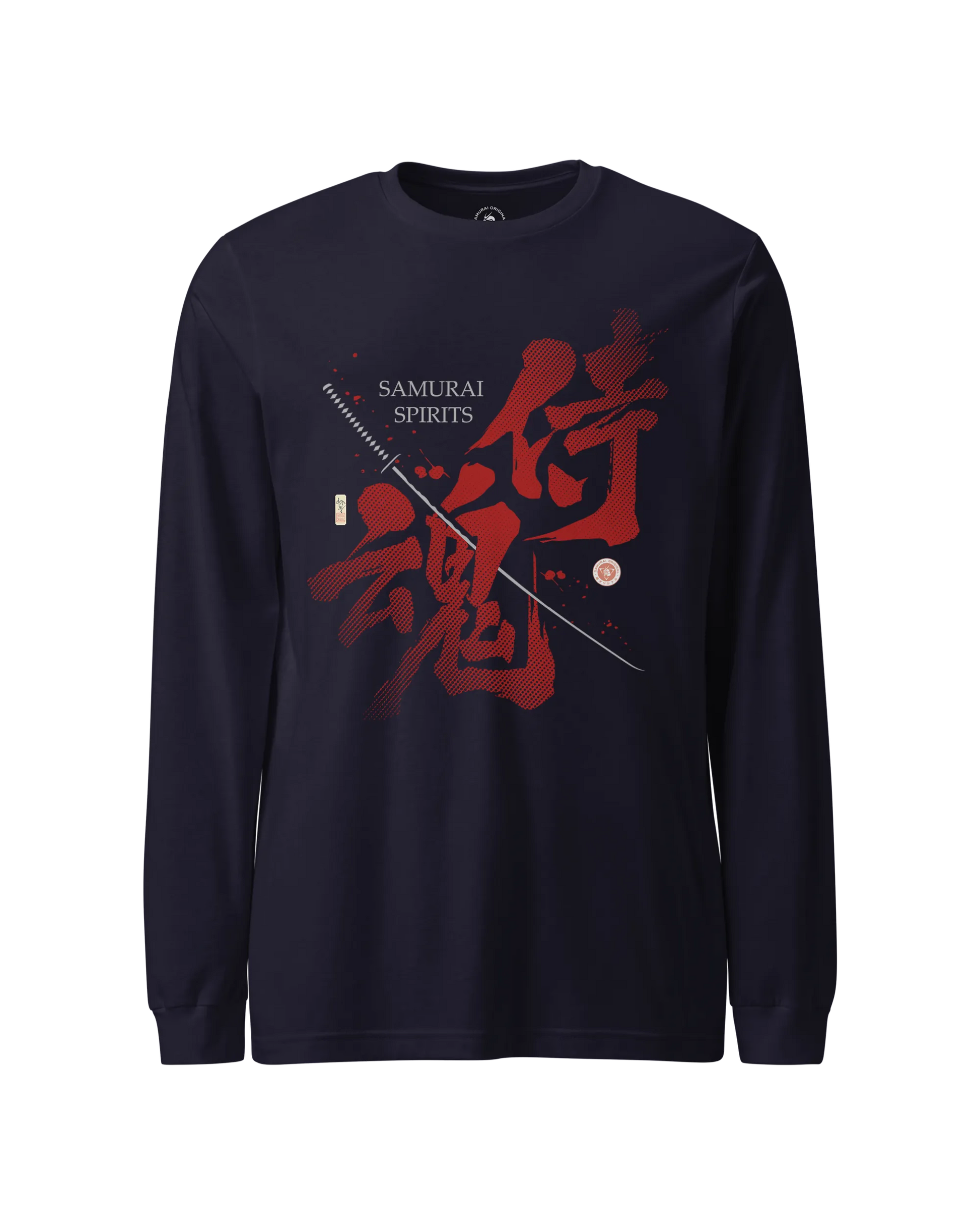 Samurai Spirits Kanji Calligraphy Unisex Long Sleeve Tee Navy - Samurai Original