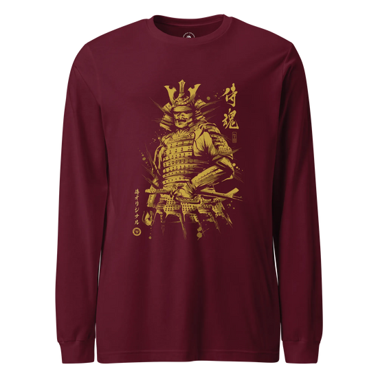 Samurai Sumi-e Japanese Ink Painting Unisex Long Sleeve Tee Maroon - Samurai Original