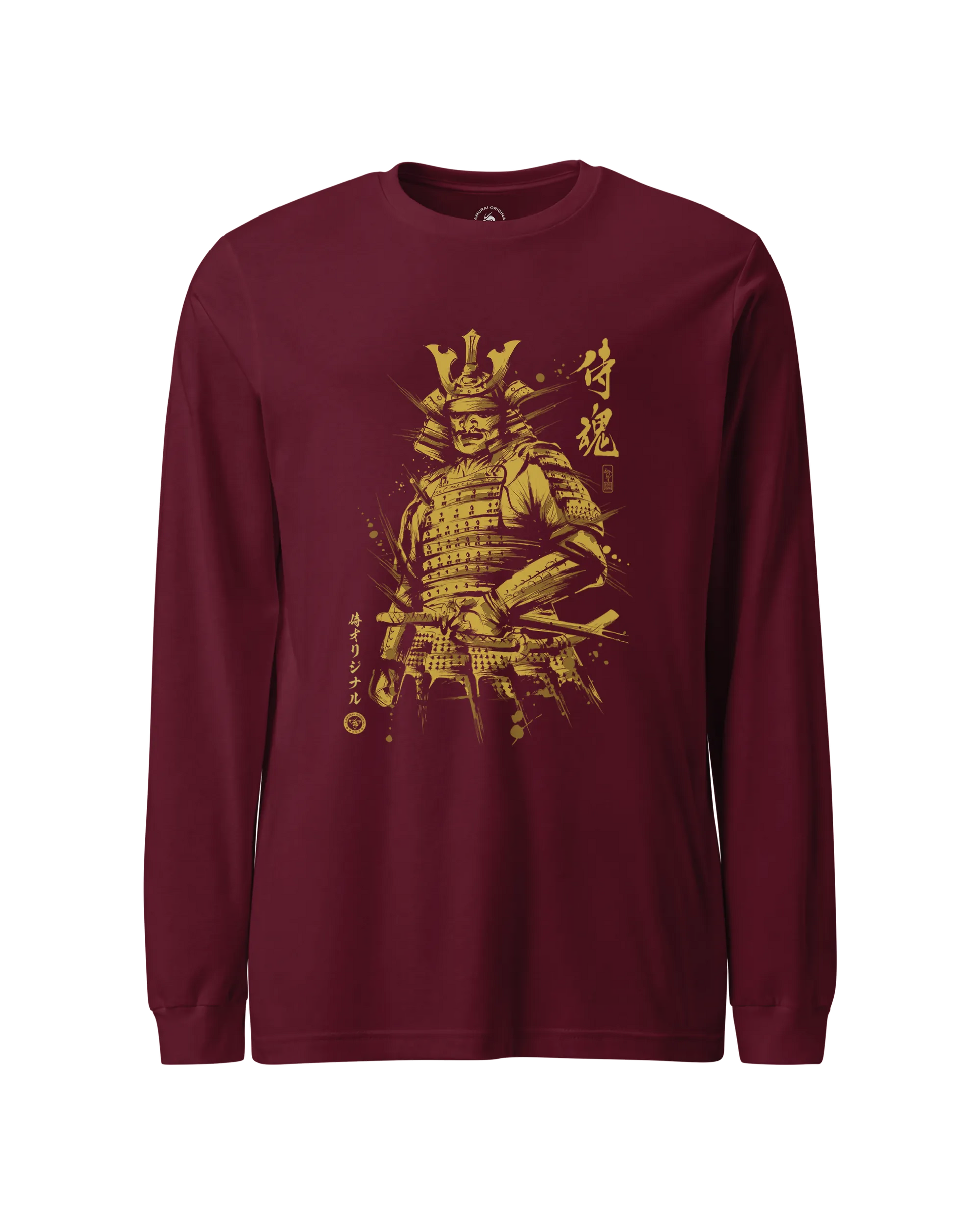 Samurai Sumi-e Japanese Ink Painting Unisex Long Sleeve Tee Maroon - Samurai Original