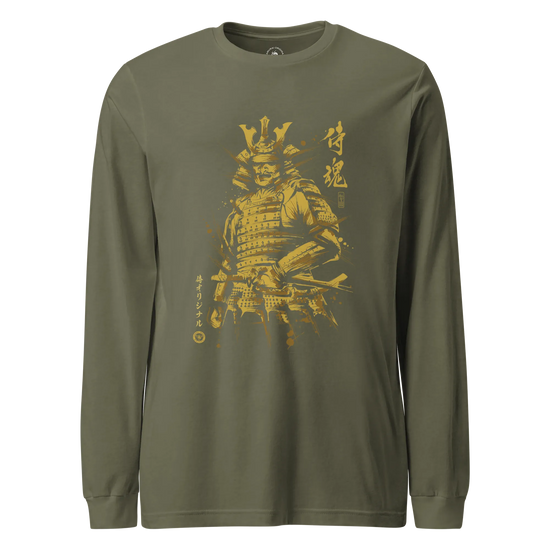 Samurai Sumi-e Japanese Ink Painting Unisex Long Sleeve Tee Military Green - Samurai Original
