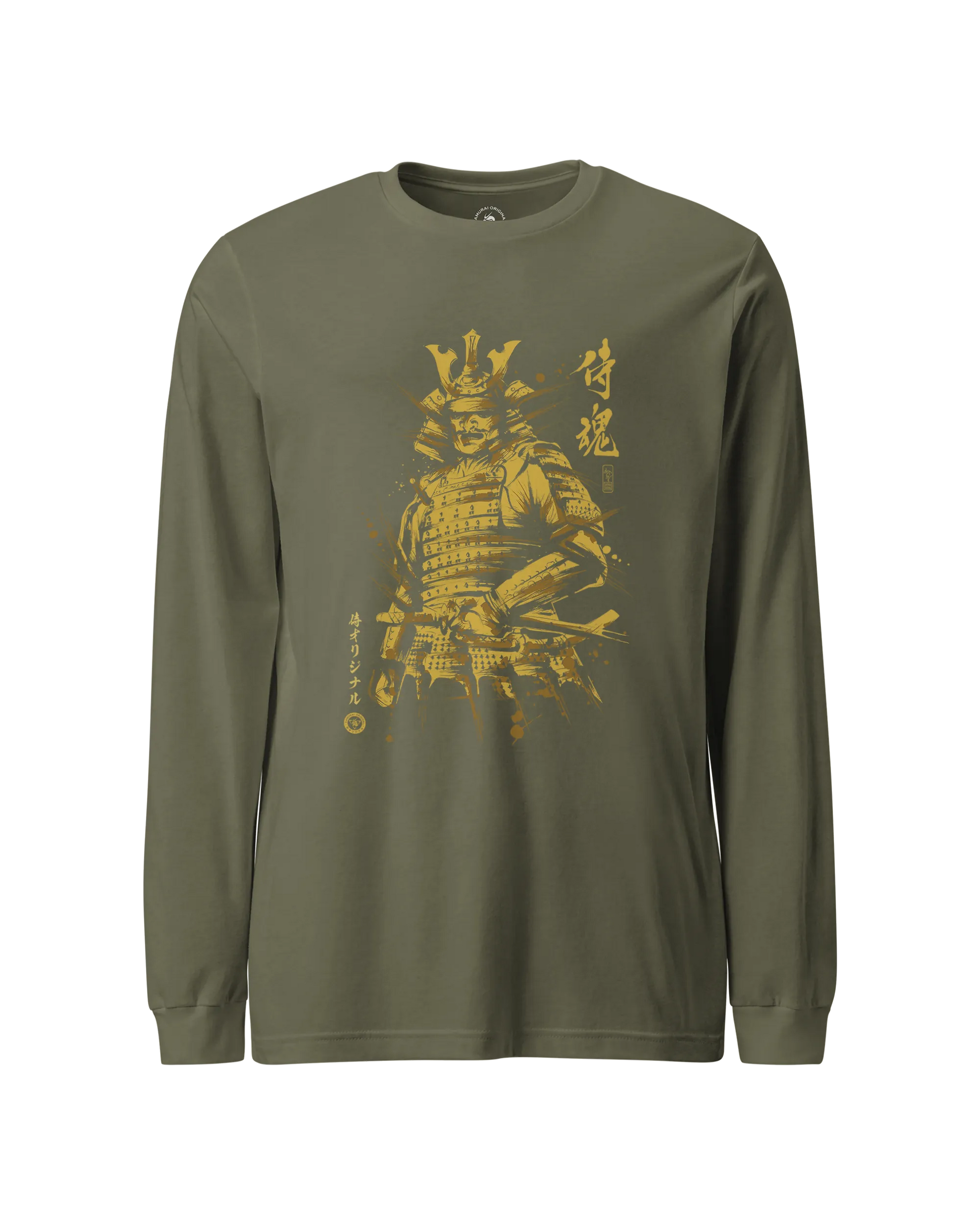 Samurai Sumi-e Japanese Ink Painting Unisex Long Sleeve Tee Military Green - Samurai Original