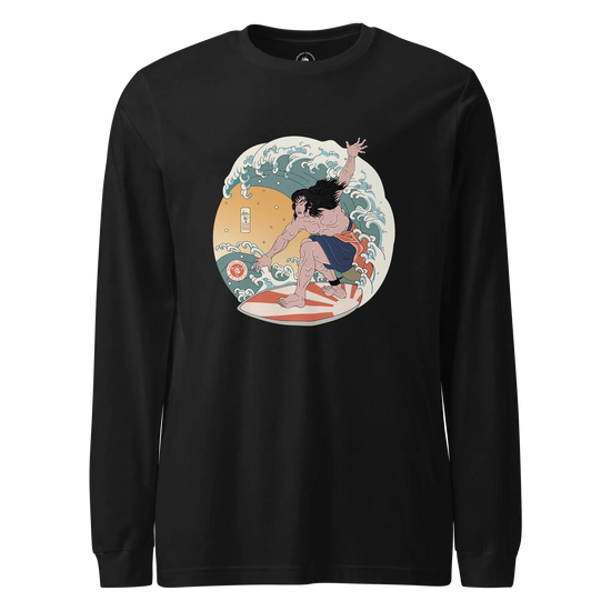 Samurai Surfing 2 Water Sport Ukiyo-e Unisex Unisex Long Sleeve Tee Black - Samurai Original