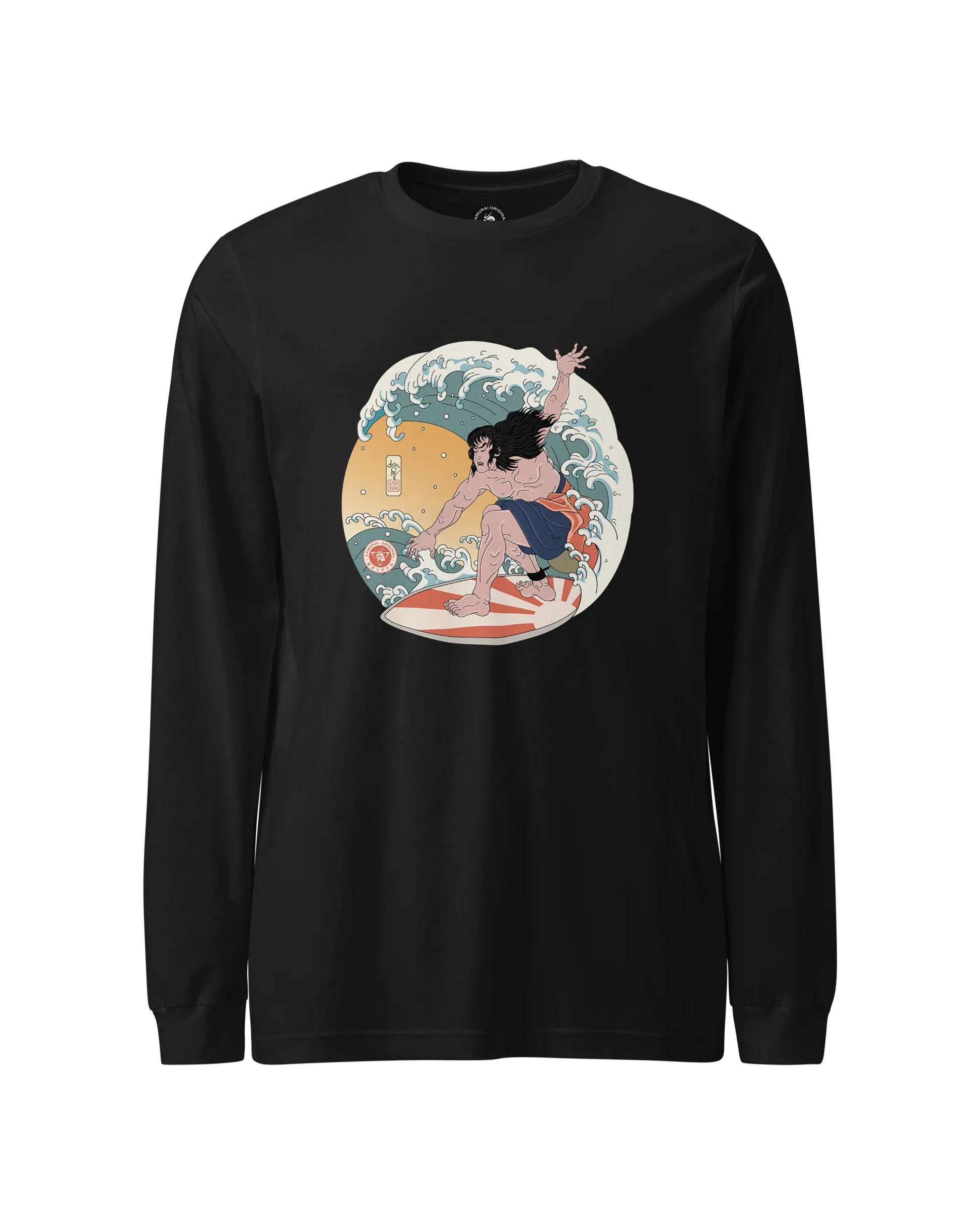 Samurai Surfing 2 Water Sport Ukiyo-e Unisex Unisex Long Sleeve Tee Black - Samurai Original