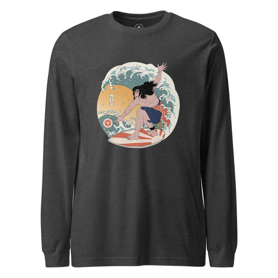 Samurai Surfing 2 Water Sport Ukiyo-e Unisex Unisex Long Sleeve Tee Dark Grey Heather - Samurai Original