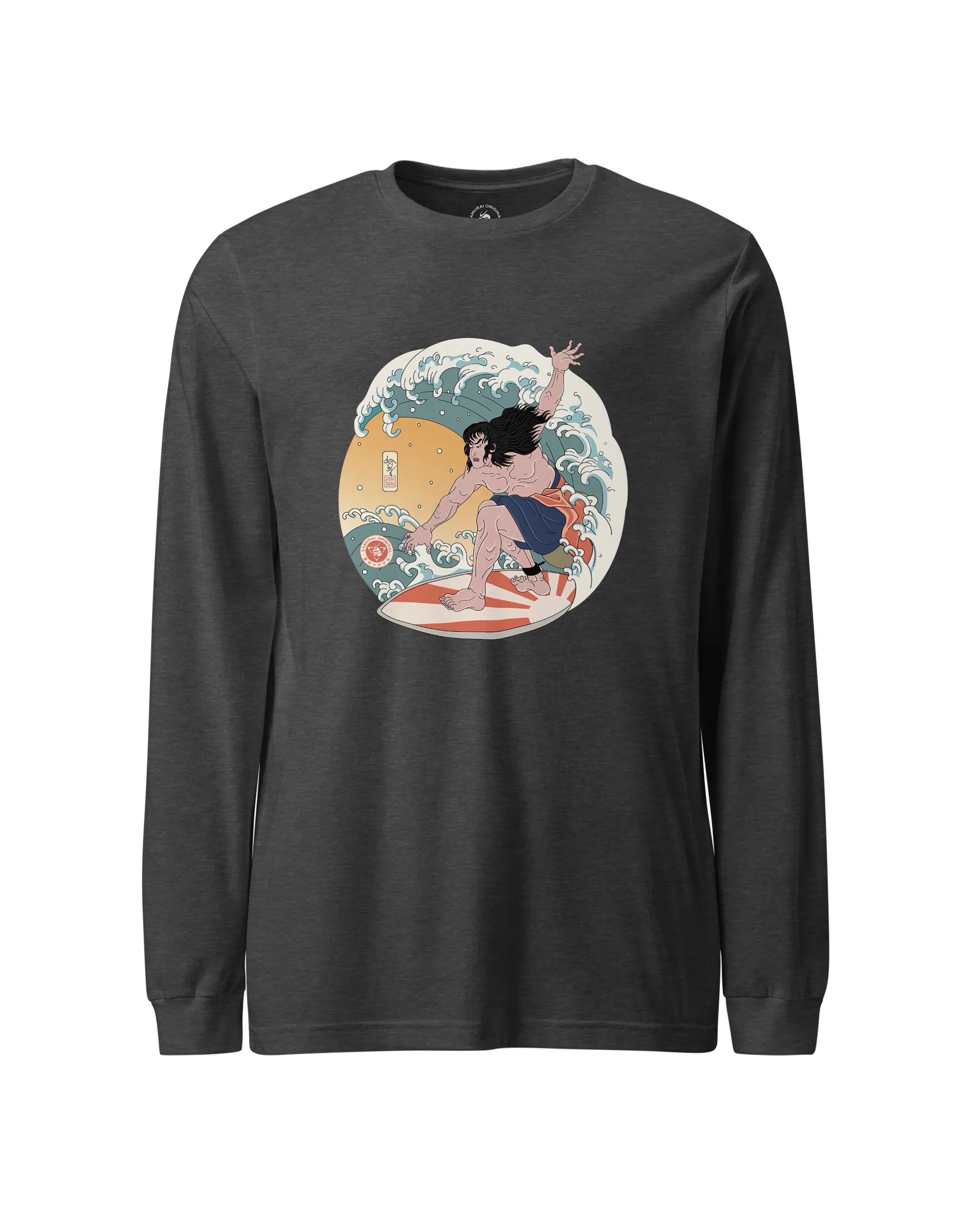 Samurai Surfing 2 Water Sport Ukiyo-e Unisex Unisex Long Sleeve Tee Dark Grey Heather - Samurai Original