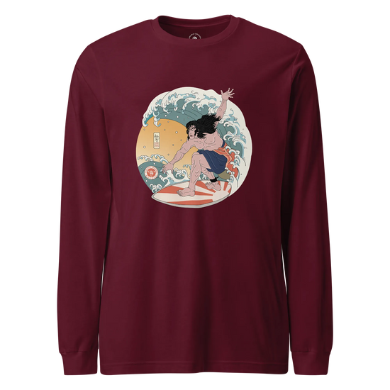 Samurai Surfing 2 Water Sport Ukiyo-e Unisex Unisex Long Sleeve Tee Maroon - Samurai Original