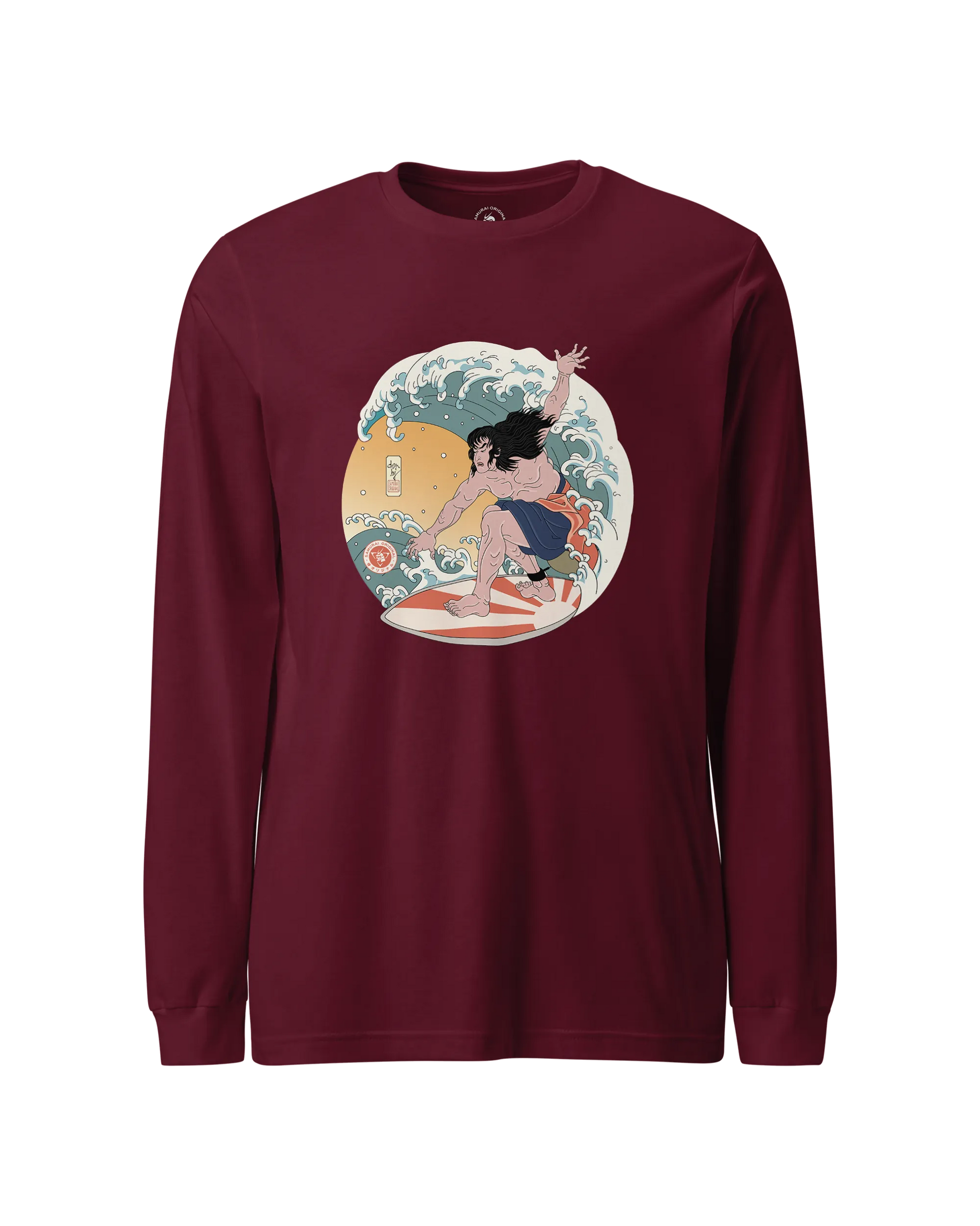 Samurai Surfing 2 Water Sport Ukiyo-e Unisex Unisex Long Sleeve Tee Maroon - Samurai Original